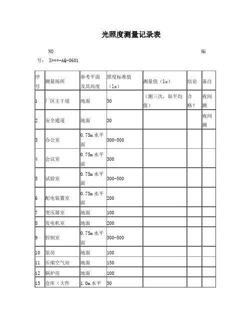 光照度测量记录表