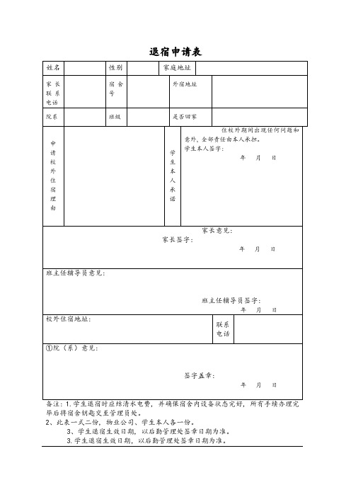 商学院学生宿舍退宿申请表