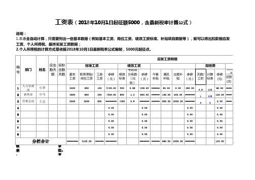 员工工资表(2018年10月1日最新个税起征点5000,含公式全自动计算