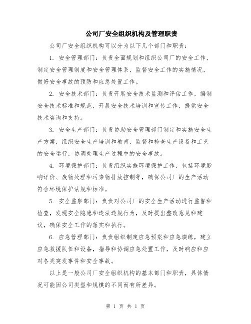 公司厂安全组织机构及管理职责