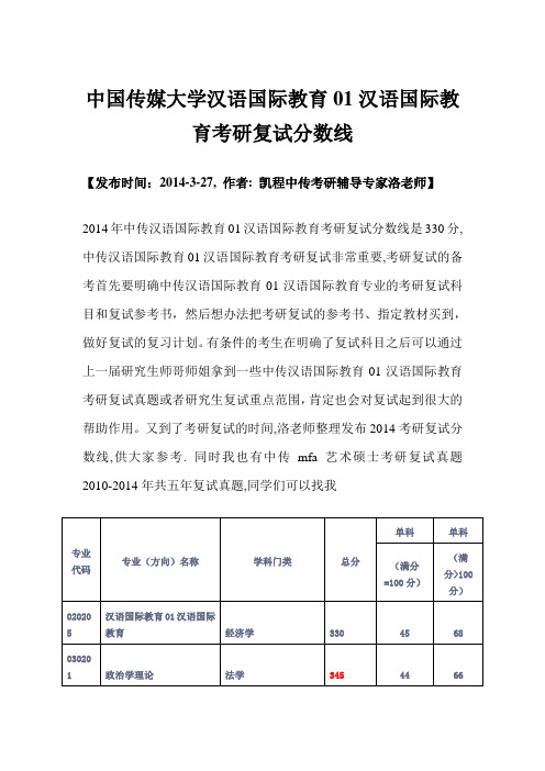 中国传媒大学汉语国际教育01汉语国际教育考研复试分数线