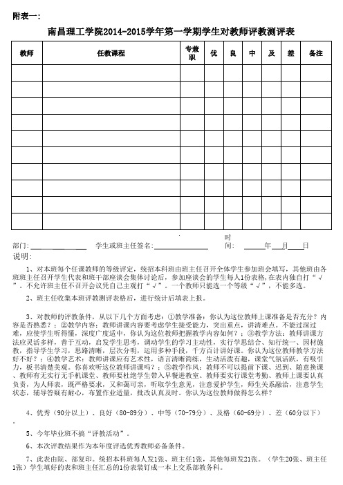 2014-2015学年第一学期学生对教师评教测评表