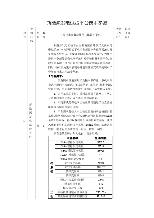 新能源发电试验平台技术参数