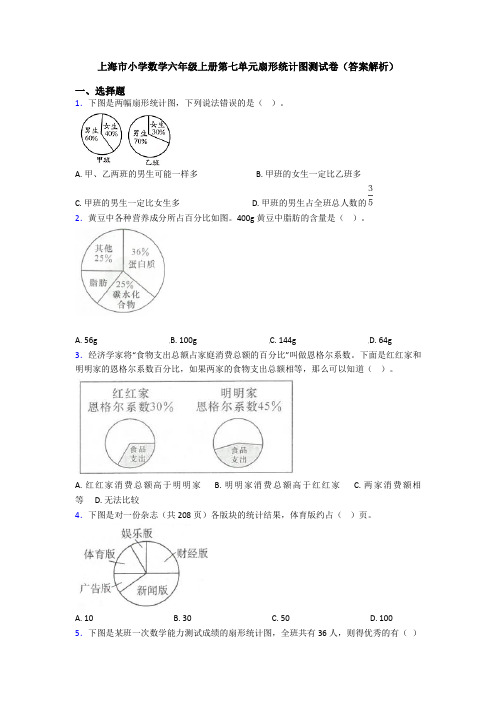 上海市小学数学六年级上册第七单元扇形统计图测试卷(答案解析)