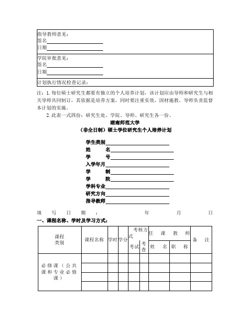 湖南师范大学(非全日制)硕士研究生个人培养计划