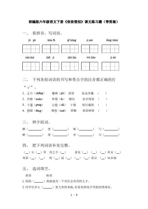 部编版六年级语文下册《依依惜别》课文练习题(带答案)