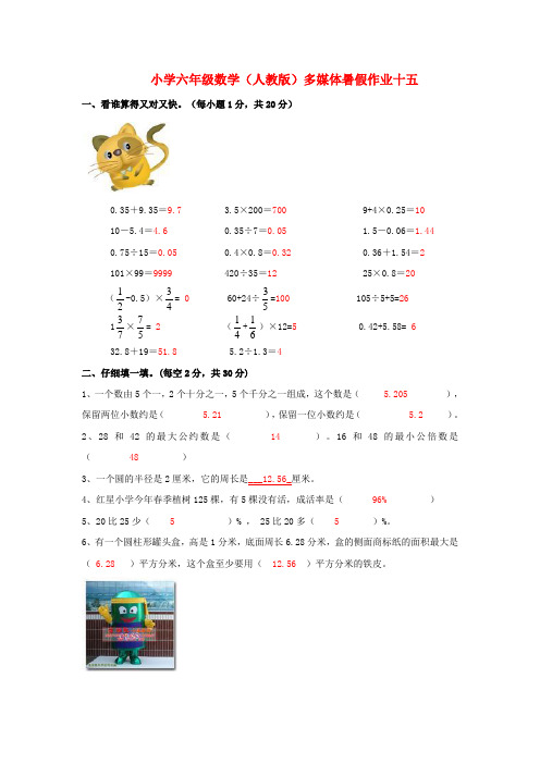 六年级数学 暑假作业十五 人教版