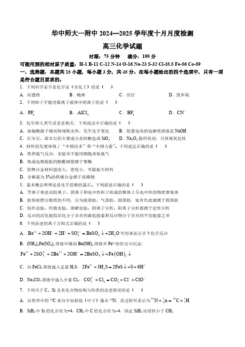 湖北省武汉市华中师范大学第一附属中学2024-2025学年高三上学期10月检测化学试卷(含答案)