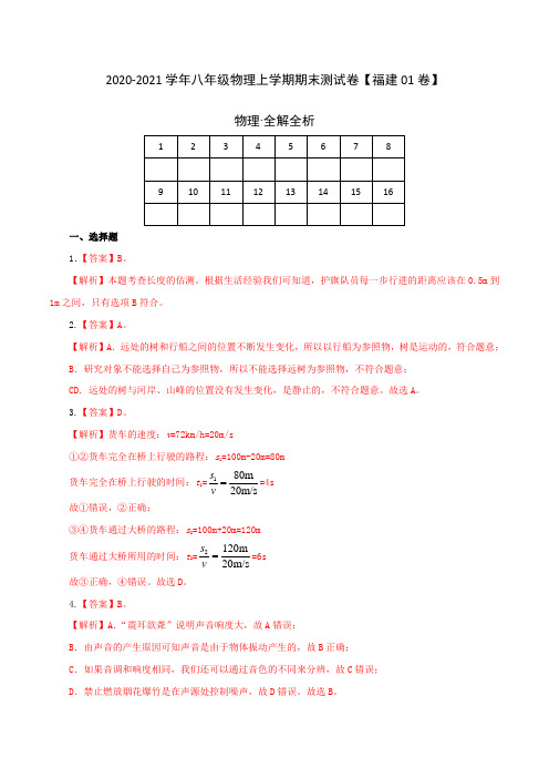 (全解全析)2020-2021学年八年级物理上学期期末测试卷01(福建专用)