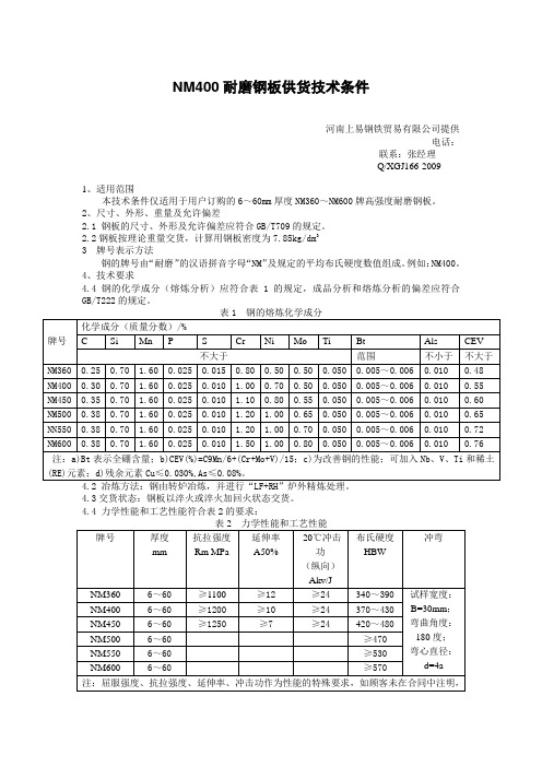 NM400耐磨钢板供货技术条件