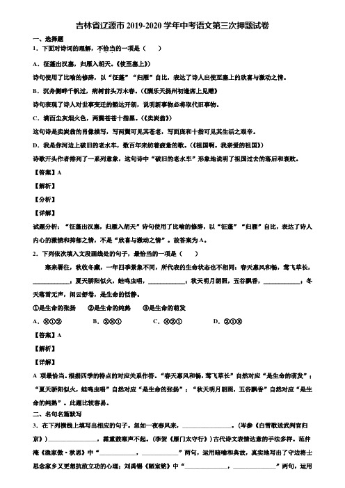 吉林省辽源市2019-2020学年中考语文第三次押题试卷含解析