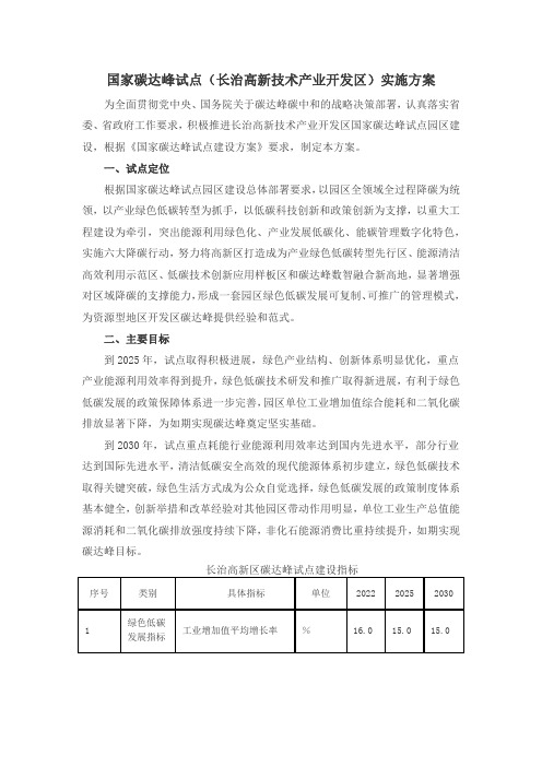 《国家碳达峰试点(长治高新技术产业开发区)实施方案》