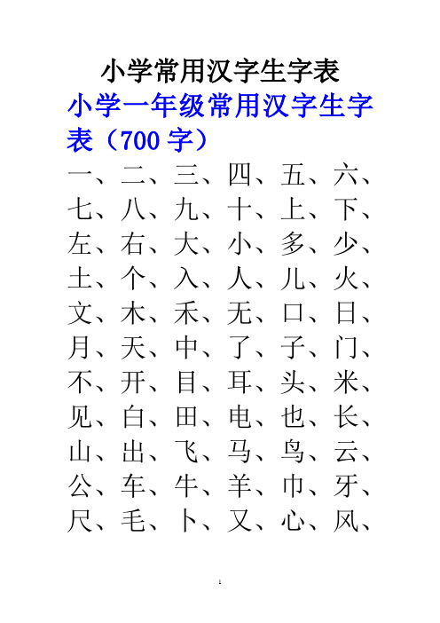 小学一年级常用汉字生字表