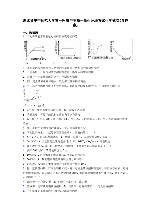 湖北省华中师范大学第一附属中学高一新生分班考试化学试卷(含答案)