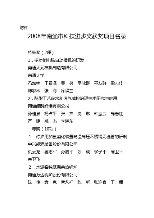 2008年南通市科技进步奖获奖项目名录