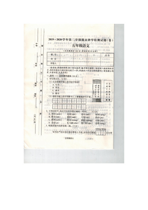 五年级下册语文试题-2019-2020学年第二学期期末教学检测试题 (图片版含答案)部编版