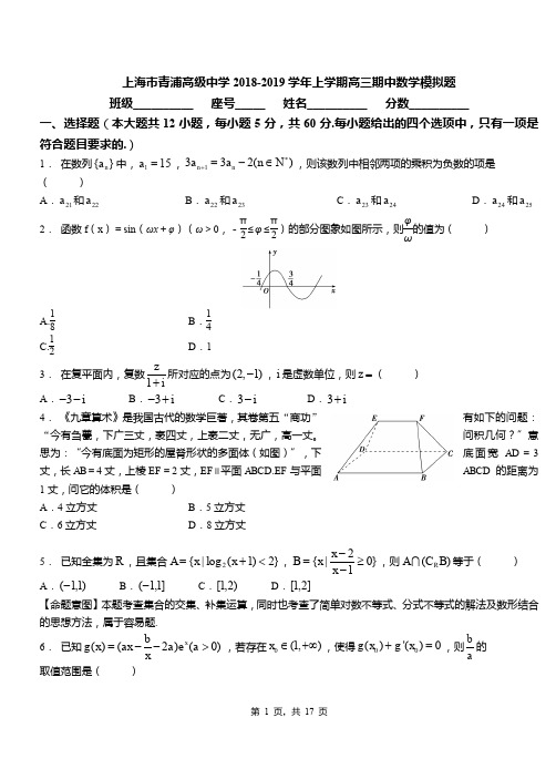 上海市青浦高级中学2018-2019学年上学期高三期中数学模拟题