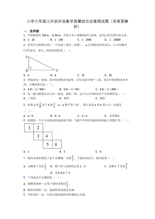 小学六年级小升初毕业数学质量综合试卷测试题(含答案解析)