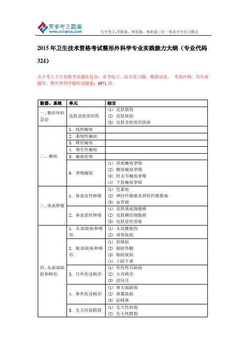 2015年卫生技术资格考试整形外科学专业实践能力大纲(专业代码324)