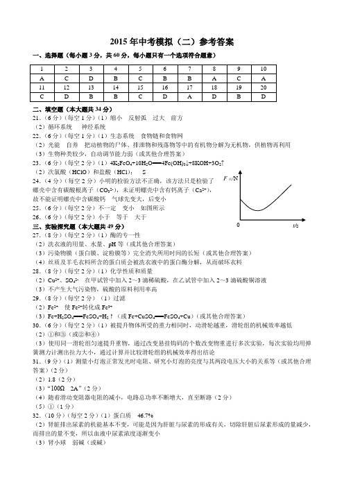 2015科学 中考模拟(二)参考答案