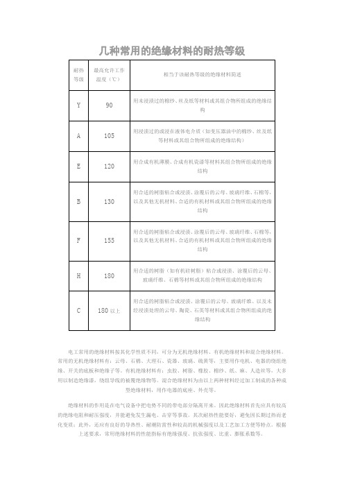 几种常用的绝缘材料的耐热等级