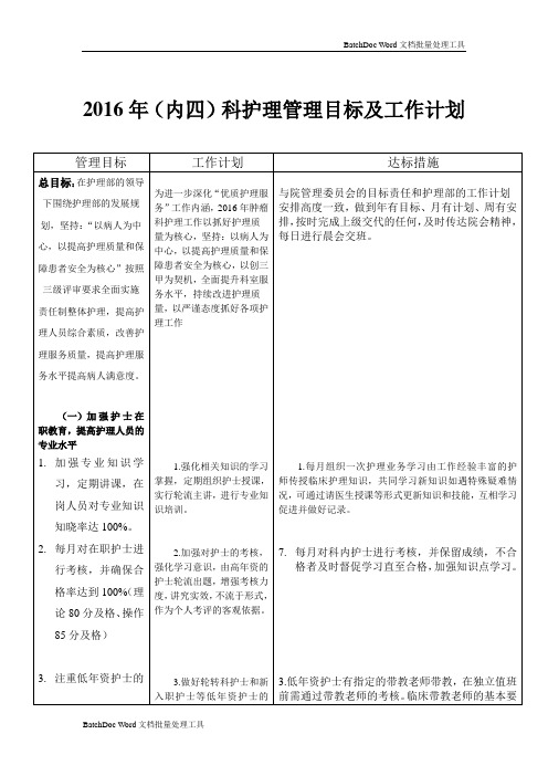 护理管理目标及工作计划1