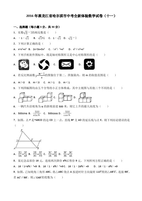 2016年哈尔滨市中考全新体验数学试卷(十一)(有答案)