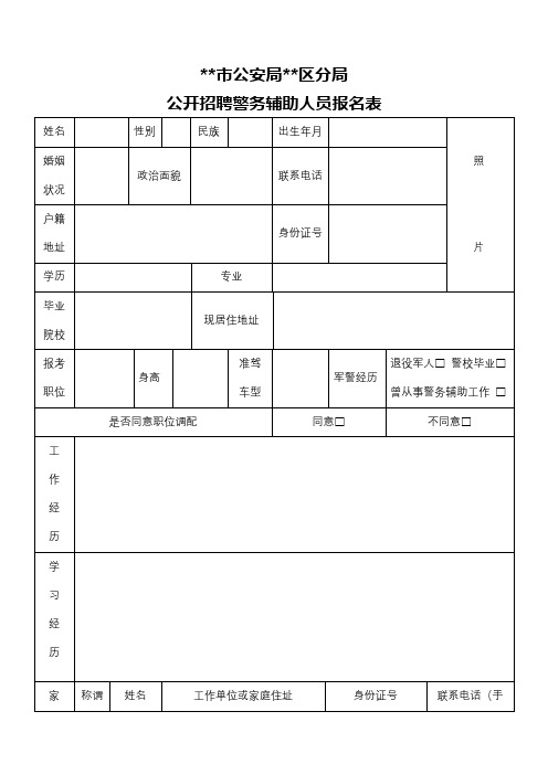 XX市公安局XX区分局公开招聘警务辅助人员报名表【模板】