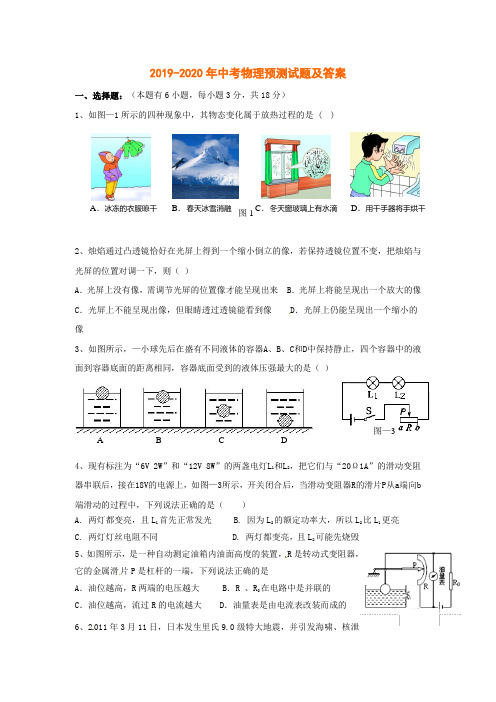 2019-2020年中考物理预测试题及答案