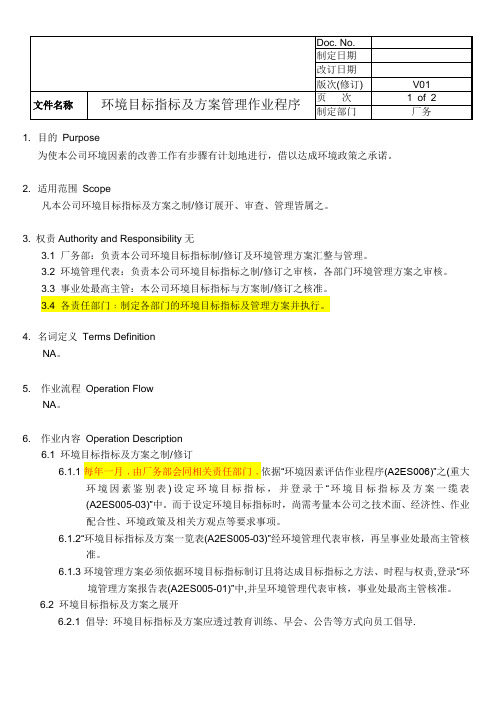 ISO14000-A2ES005(V01) 环境目标指标及方案管理作业程序