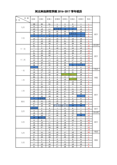 河北科技师范学院-2016-2017学年校历