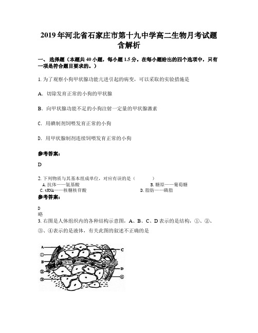 2019年河北省石家庄市第十九中学高二生物月考试题含解析