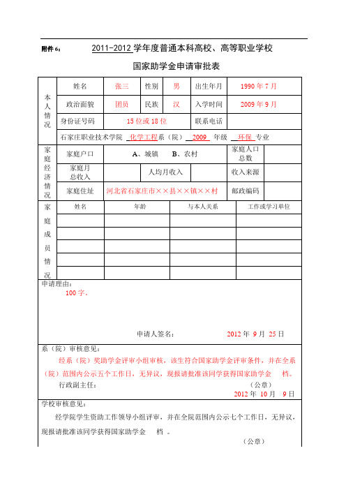 石家庄职业技术学院国家助学金申请审批表