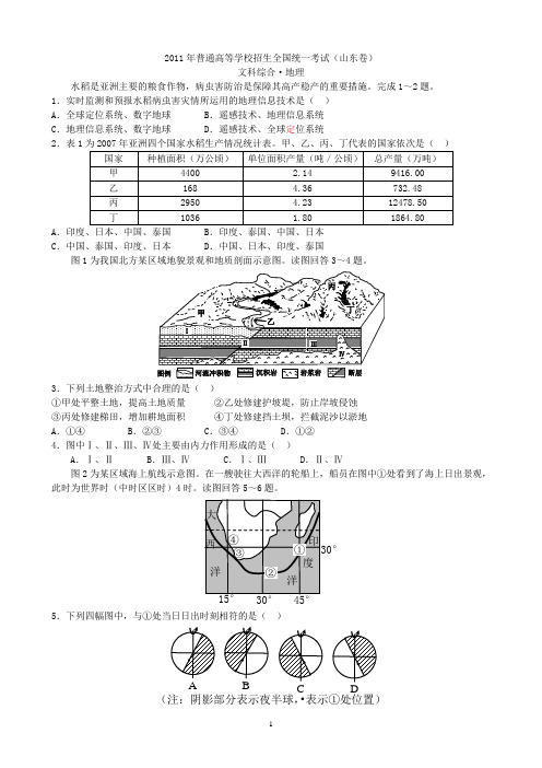 2011年高考文科综合地理试卷山东卷