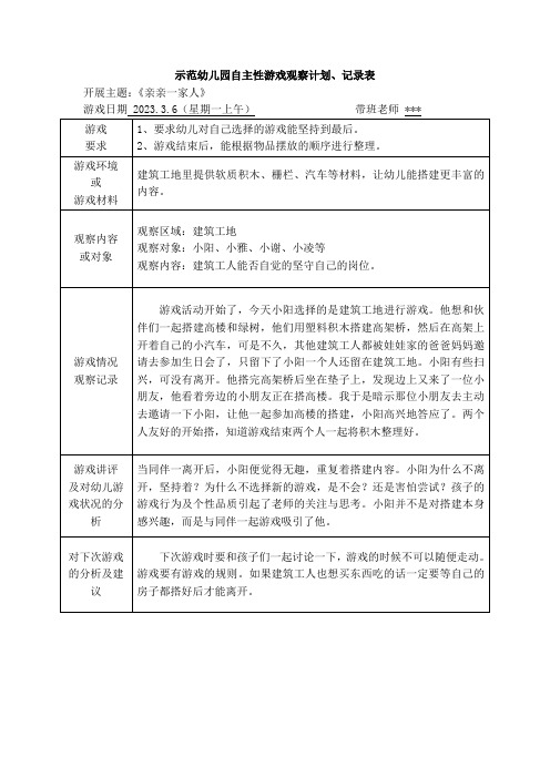 示范幼儿园自主性游戏观察计划、记录表-建筑工人能否自觉的坚守自己的岗