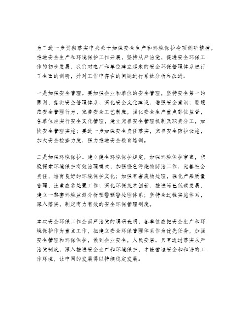 安全环保工作全面从严治党专题调研报告