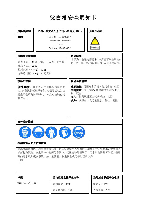 钛白粉安全周知卡、职业危害告知卡、理化特性表