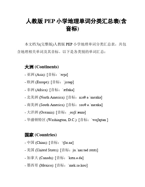 人教版PEP小学地理单词分类汇总表(含音标)