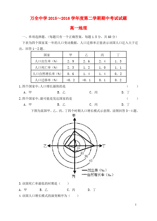 河北省张家口市万全中学高一地理下学期期中试题