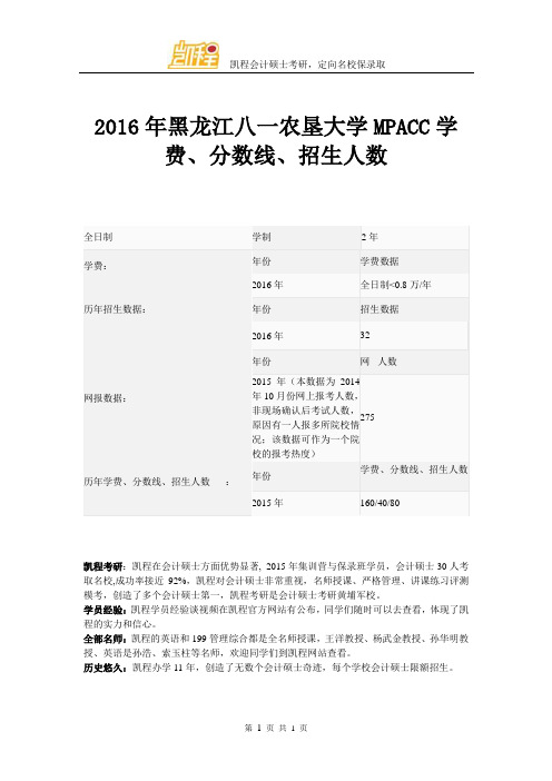 2016年黑龙江八一农垦大学MPACC学费、分数线、招生人数