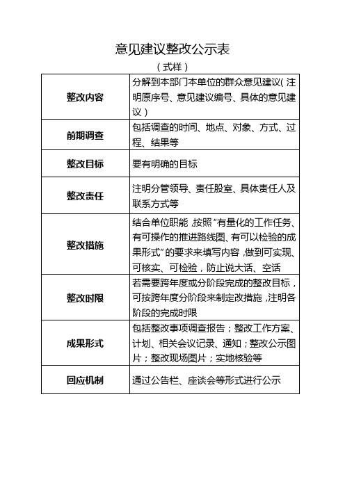 意见建议整改公示表【模板】