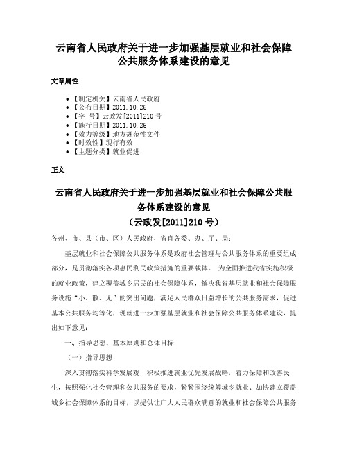 云南省人民政府关于进一步加强基层就业和社会保障公共服务体系建设的意见