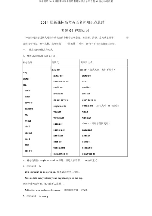 高中英语2014届新课标高考英语名师知识点总结专题04情态动词教案