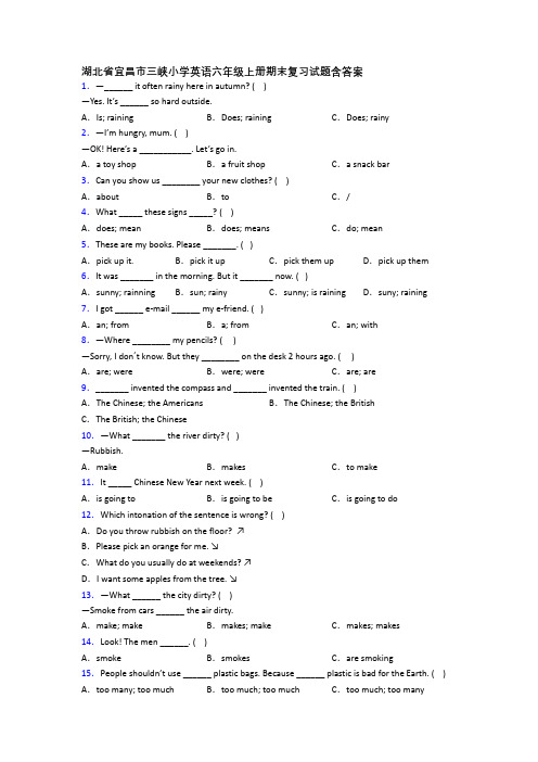 湖北省宜昌市三峡小学英语六年级上册期末复习试题含答案