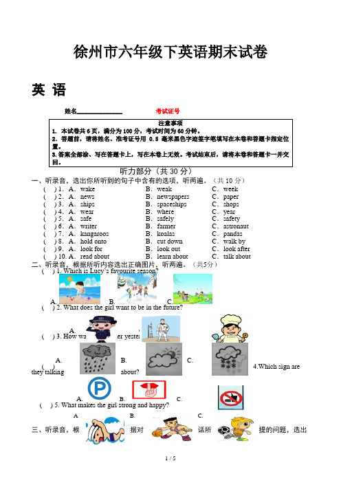 徐州市六年级下英语期末试卷