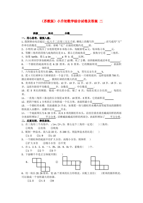 六年级数学 小升初综合试卷二 苏教版