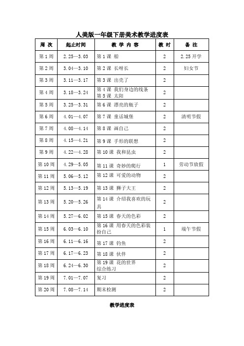 人美版一年级下册美术教学进度表