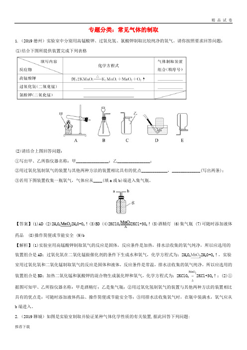 2019中考化学真题分类汇编 专题分类 常见气体的制取(含解析)