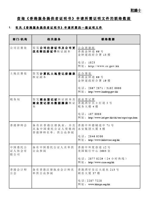 查询香港服务提供者证明书申请所需证明文件的联络