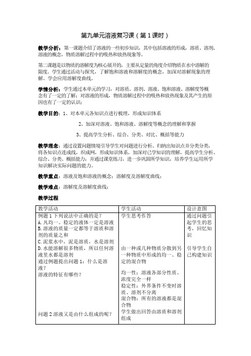 2020_2021学年人教版(五四学制)化学九年级全册第九单元溶液复习教案